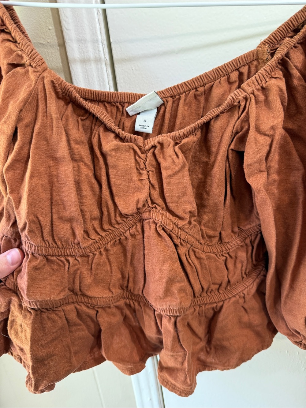 Milkmaid Rust Orange Linen Blend Peasant Crop Top Puff Sleeve Cottagecore Size S - Picture 5 of 8
